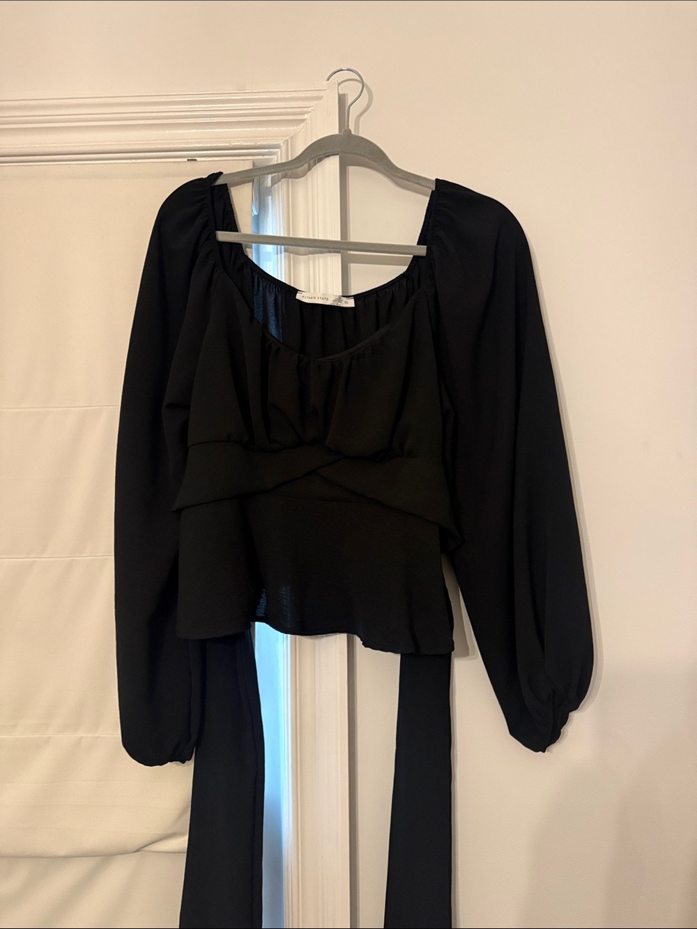 Altar’d State Black Long-Sleeve Peplum Top with Tie